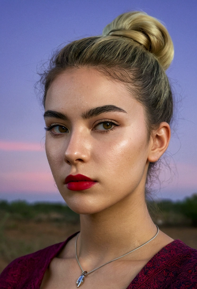 4K, 8k, ultra-high resolution, photo and raw and hdr, sharp focus, intricate texture, skin imperfections, realisitic, detailed facial features, very highly detailed face, posando,perfect lighting,pelo largo,Session,stele,Twinkling,plein-air,space,yellow flashes,night sky,Detailed history,wasteland,grit,catboy,blond bun hair,straight eyebrows,comely,shelter,((cabelo roxo)),(straight eyebrows),(oval-face),add detail,cute cheeks,red lipgloss stick, bare woman