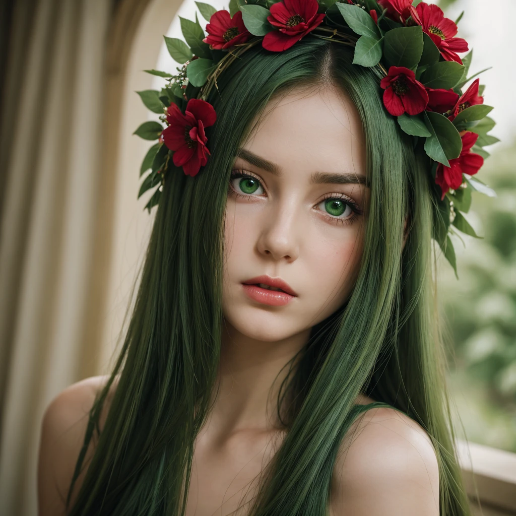 a girl.  face sent feeling.  Europe.  Oval face.  long face.  delicate facial features.  seductively seductive.  green eyes.  long straight hair.  green hair.  wreath on head.  Red lips.  sad expression.  dull.  thoughtful.  shy.  straight face