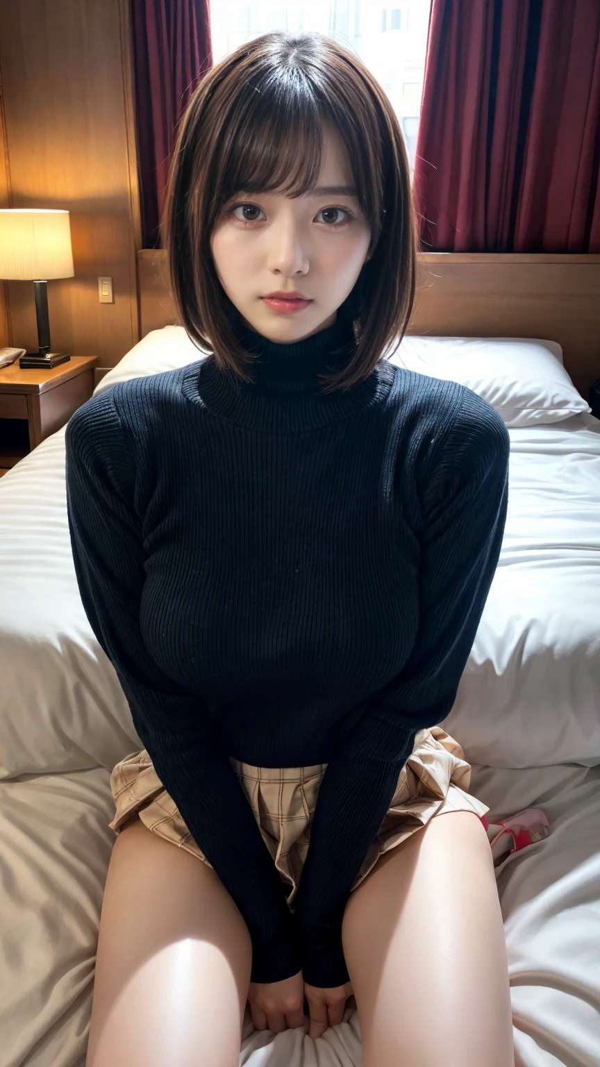 masterpiece, best quality, illustration, Super detailed, fine details, High resolution, 8K,wall paper, perfect dynamic composition,(Details High quality, realistic depiction of eyes:1.3), Tight turtleneck pink sweater, pleated skirt, short bob hair、black hair color, Big Natural Color Lip, bold sexy pose, crying a little、cold gaze, Harajuku style、acrobatic pose, 20 year old girl、cute type、ta、beautiful legs, hotel room, gravure idol, Voluptuous thighs, huge breasts, (Don't expose it)