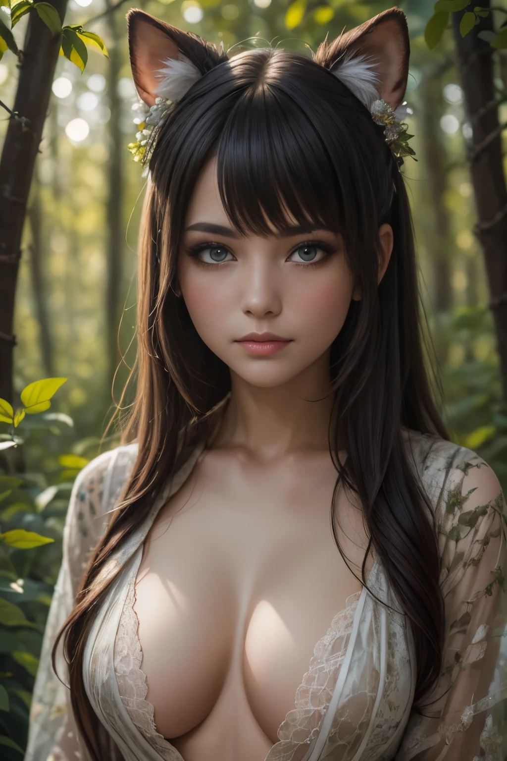 Professional photos by raphtalia, Brown long hair, Pretty Face, A faint smile, Red Eyes, Tail, deTailed skin, deTailed eyes, garden, Photos taken with Canon EOS Nature-style photography, Popular on artstation, Popular on deviantart, Very popular on flasher,  