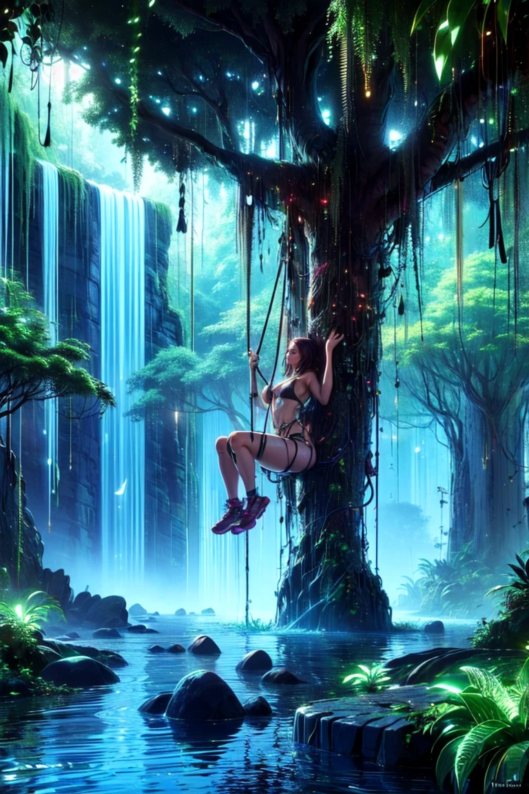 top quality, future world, State-of-the-art robot, Beautiful Woman swing on the tree , flying hair, Transformed into a cyborg except for the face, sexy images, whole body photo, back view, (((jungle, adventure, huge trees, water fall, huge stone)))