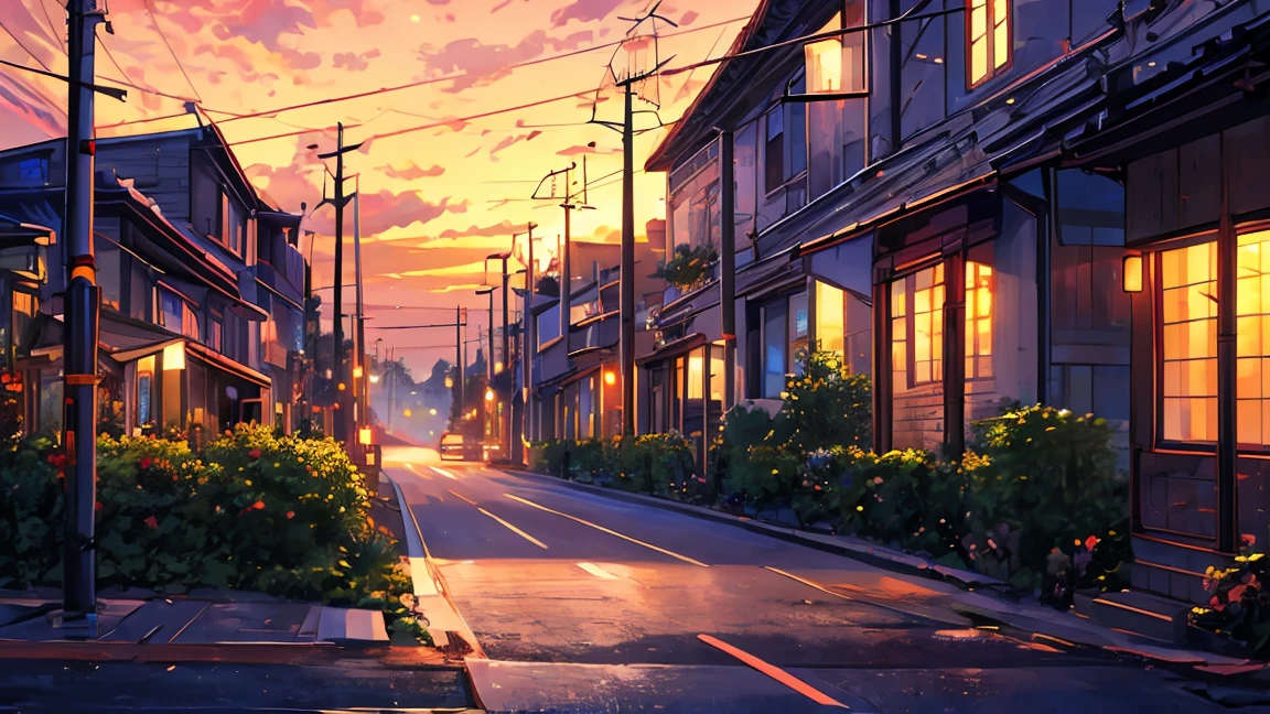 masterpiece, Concept Art, Painting of (Electric pole:1.5) On the street at dusk, Painting, Sylvain Sarail, anime高果糖, telephone wires, GTA Art, Warm sunset, beautiful iwakura, Toon Aesthetics, colorful house, Connection line, animeのスクリーンショット, art &quot;, Muffled colors, only, 2077, &quot; anime, bright: