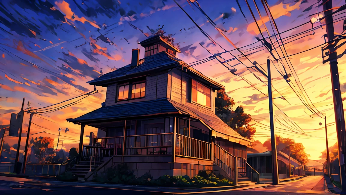 masterpiece, Concept Art, Painting of (Electric pole:1.5) On the street at dusk, Painting, Sylvain Sarail, anime高果糖, telephone wires, GTA Art, Warm sunset, beautiful iwakura, Toon Aesthetics, colorful house, Connection line, animeのスクリーンショット, art &quot;, Muffled colors, only, 2077, &quot; anime, bright: