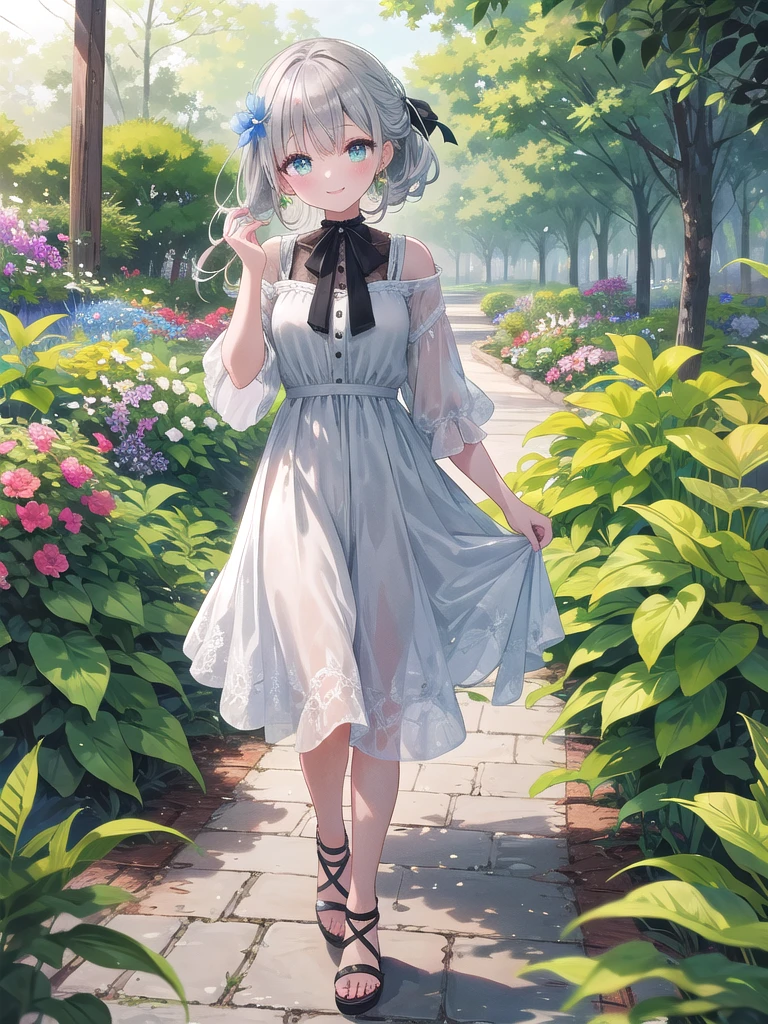 (8k, best quality, master piece: 1.2),super high resolution,1 girl, solo, ((colorshift eyes, hyperdetailed, expressive eyes)), ultra-detailed face, random hair, silver gray color, Ecstatic expression,She is strolling through a botanical garden where colorful flowers and plants are in full bloom. Warm sunlight pours down, and the green of the plants is beautiful. She has her silver hair tied up loosely, and is wearing a simple dress and sandals. She is smiling happily while looking at the plants.
