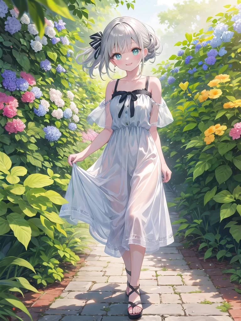 (8k, best quality, master piece: 1.2),super high resolution,1 girl, solo, ((colorshift eyes, hyperdetailed, expressive eyes)), ultra-detailed face, random hair, silver gray color, Ecstatic expression,She is strolling through a botanical garden where colorful flowers and plants are in full bloom. Warm sunlight pours down, and the green of the plants is beautiful. She has her silver hair tied up loosely, and is wearing a simple dress and sandals. She is smiling happily while looking at the plants.