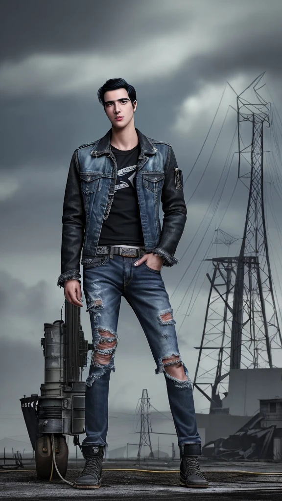 hyper realistic depiction of a handsome young man with bald black hair, casual clothes and a shabby jacket, tattered jeans, In the distant future, electricity has run out and old war machines are left to rot, the atmosphere is cloudy. photography, 124k, 4d, Ultra Hd.