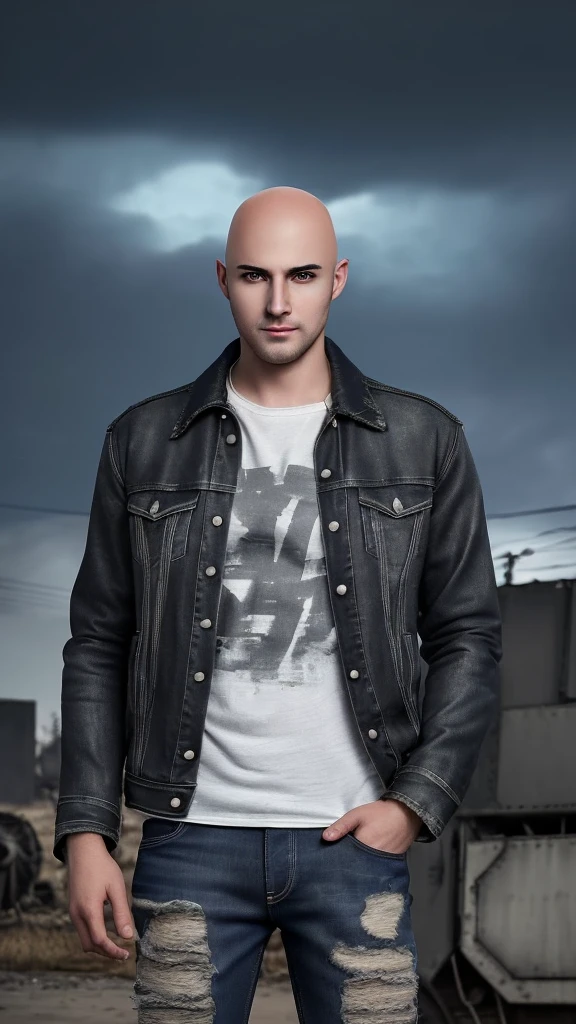 hyper realistic depiction of a handsome young man with bald black hair, casual clothes and a shabby jacket, tattered jeans, In the distant future, electricity has run out and old war machines are left to rot, the atmosphere is cloudy.  photography, 124k, 4d, Ultra Hd.