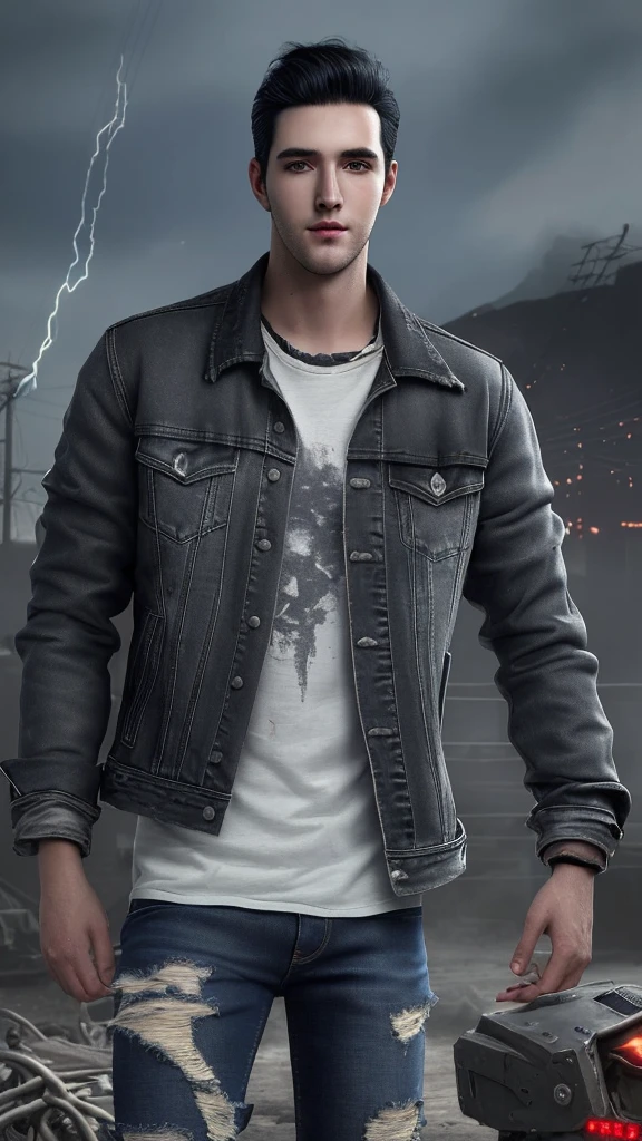 hyper realistic depiction of a handsome young man with bald black hair, casual clothes and a shabby jacket, tattered jeans, In the distant future, electricity has run out and old war machines are left to rot, the atmosphere is cloudy.  photography, 124k, 4d, Ultra Hd.
