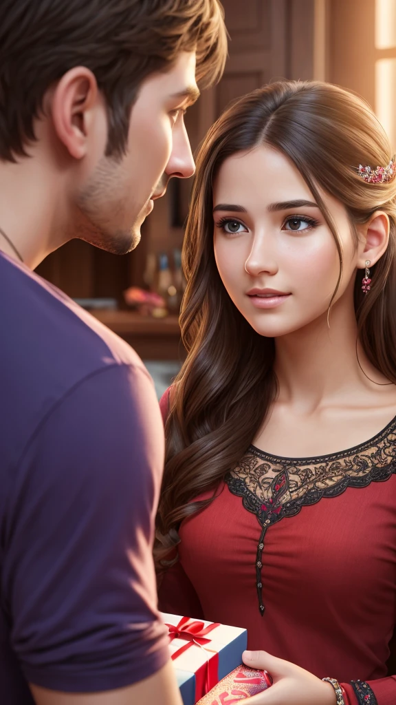 a young woman asking her brother-in-law where her birthday gift is, intricate details, beautiful girl, detailed facial features, warm lighting, vibrant colors, photorealistic, masterpiece, 8k, ultra-detailed, high quality, digital art