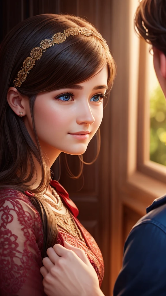 a young woman asking her brother-in-law where her birthday gift is, intricate details, beautiful girl, detailed facial features, warm lighting, vibrant colors, photorealistic, masterpiece, 8k, ultra-detailed, high quality, digital art