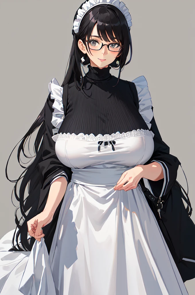 {{masterpiece}},high quality, 4K, 2D, 1 girl,{simple gray background},(attractive mature lady:1.6),milf,standing,sagging breasts,(gigantic breasts:1.5),maid,front face,{{tareme}},attractive mature lady,black hair, {from right in front of face and body},View viewers from front,{front facing shot},Wear glasses,(serious:0.1)