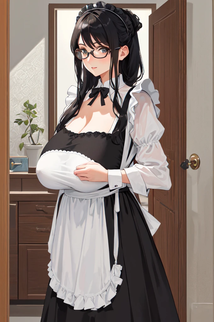{{masterpiece}},high quality, 4K, 2D, 1 girl,{simple gray background},(attractive mature lady:1.6),milf,standing,sagging breasts,(gigantic breasts:1.5),maid,front face,{{tareme}},attractive mature lady,black hair, {from right in front of face and body},View viewers from front,{front facing shot},Wear glasses,(serious:0.1)