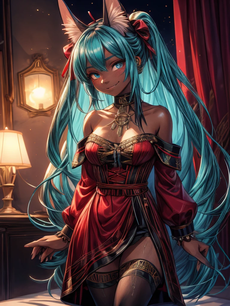 Miku Hatsune, add high definition_detail:1, tribal tattoo add_detail:1,put on the leg, Walking position during full moon showing her beautiful figure and outfit.. (black off shoulder blouse, mini ahort ) sweaty body add_details:1, smiling add_detailsl:1, ear piercing add_detail:1, cover position in bed add_detail, horny girl add_detail:1, seductive position add_detail:1, RED Saturation, photo style lighting add_detail:1, sensual bondage add_detail, very fine and detailed hands add_detail, cara angelical, (victorian dress), bi color hair, aqua red