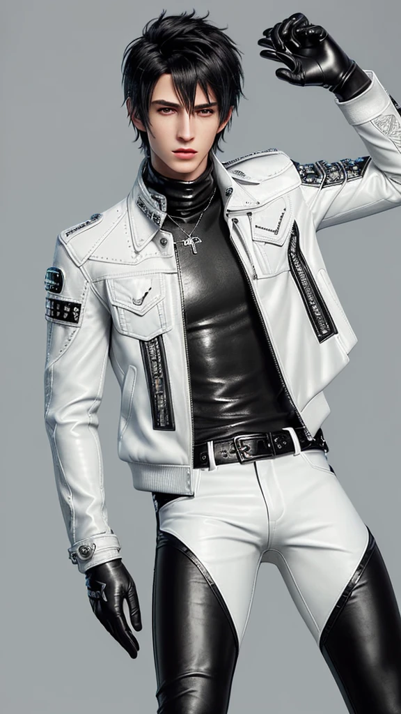 Final fantasy taste and reality graphics, Japanese young cute and cool ikemen  boy, his age is early 20s, thin eyebrows and beady eyes,  ((he wearing off white color leather  thick material jacket)), ((jacket is singlebrest)), biker style jacket, with epaulet, jacket is long sleeve, ((must close the front of the leather jacket)), , ((voluminous leather jacket)), ,((must jacket is high length and stand-up collar)) ((jacket collar with two belts)), ((jacket is a little black color line pattern)),((close the front of the jacket)), ((also wearing black thick material turtleneck lackluster shirts)),  ((tight black leather pants)),  ((black leather tight and thin glove)), ((black leather knee-high raceup boots)),((must views  head-to-toe)),((must views whole body)), ,((Do not show skin from the neck down)),leather jacket leather glove and leather pants have few wrinkles, Avoid showing your innerwear,zip up jacket fastner.must put on a leather glove.
Bous face is expression of ecstasy.
Boy is black hair.boy looks like fashion model.
((Boy wrapping gagged with silver duct tape))