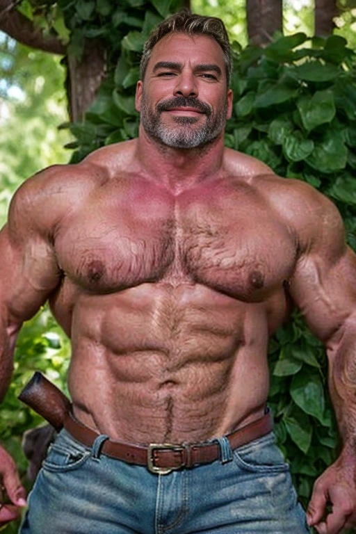Masterpiece, Best Quality, High resolution, (1 chico:1.4), male focus, 50-year-old cowboy in ranch, jeans and belt, wearing cowboy hat, furry, beefy, chubby, natural lighting, HDR, (GS-Macho :1.5), thick forearms, thick arms, huge thighs, large pecs, big chest, charming smile, erotic look, winking at camera, scruff, hairy, raunchy