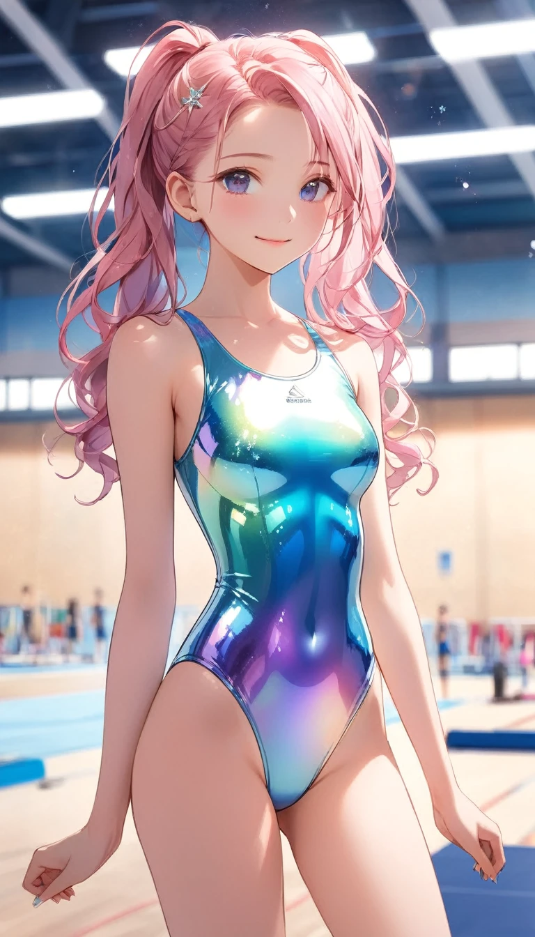 highquality illustration, masterpiece, very delicate and beautiful, attractive girl,(gymnastics leotard, Floral patterns leotard,long sleeve leotard with glittery decoration,high_leg leotard,athletic leotard,tight-fit leotard,iridescent gradient leotard,long-sleeve leotard),thin,slender body,slim,high school,gymnasium background,gymnastics club,gymnastics athlete,princess, beautiful eyes,light smile,(masterpiece, best quality:1.2), highres, extremely detailed CG unity 8k wallpaper, perfect lighting, Colourful, ultra-high res,4K,ultra-detailed, photography, 8K, HDR,  ages, full body,