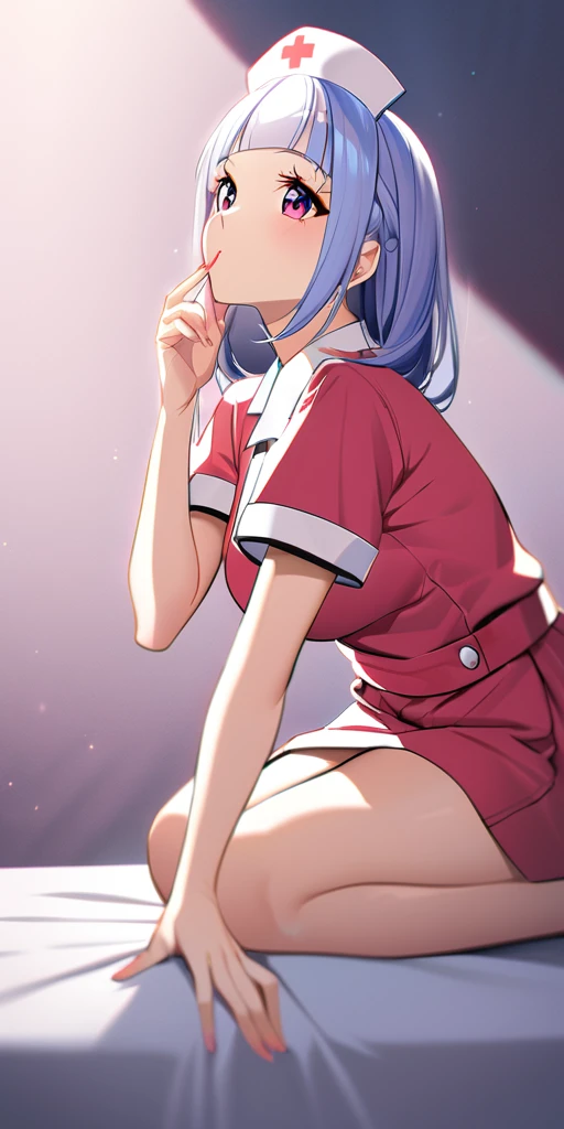 ((Highest quality、masterpiece、Anime Style、Highest quality、High resolution、8k、detailed、ultra-detailed:1.3))、Long legs、Sharp focus:1.2, Beautiful woman with perfect figure:1.4、(smile:1.2), double eyelid、30-year-old woman、Sexy pose、((((Shut your mouth.、One Woman、Nurse uniform:1.5)))),The background is a near-future Tokyo