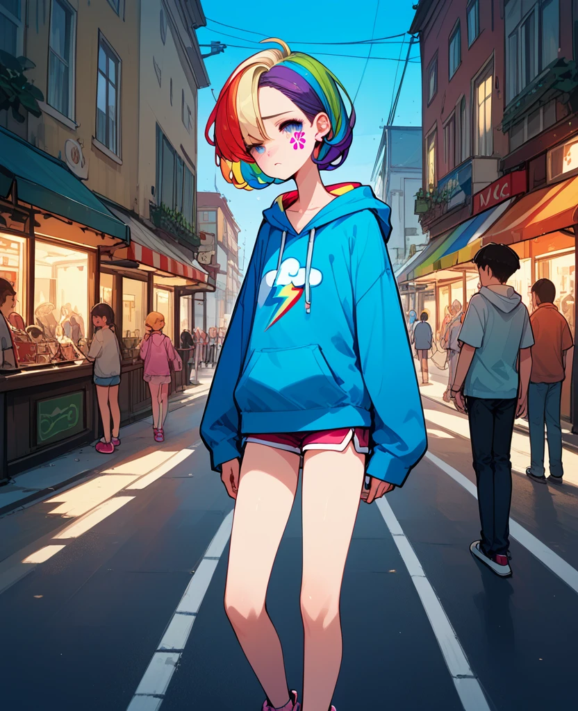 score_9, score_8_up,score_7_up, (title of "superball"),hoodie,(Dance, rainbow colors popping out of her chest,don't silence her love),(Dance, the super ball that bounces out from there, wrap herself in gravity, don't let go of her love),Penetrate it as it is round, inspired by Victo Ngai cmyk palette, street