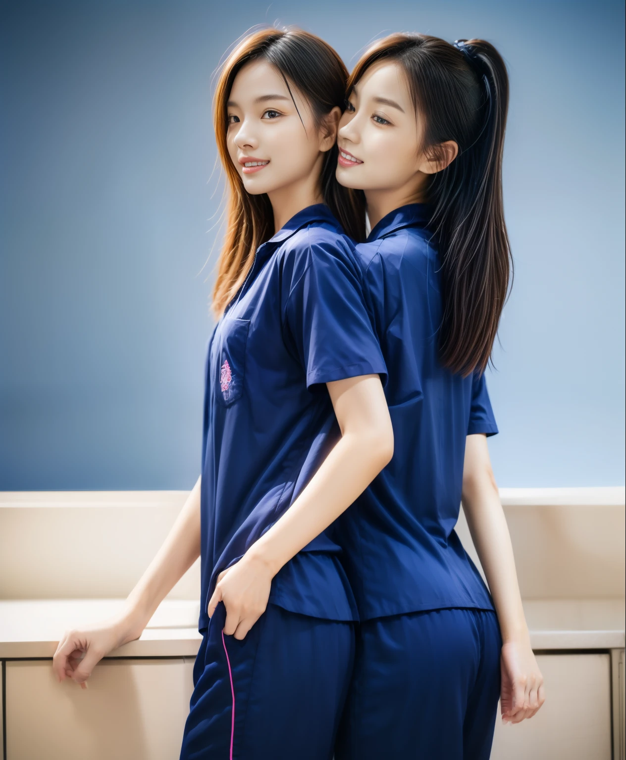 (best quality,10,10,height,Masterpiece:1.2),Special details,(realistic,ภาพrealistic,Realistic photos:1.37),1 Cute girl in the kitchen,shiny, ผิวshiny,only,smile softly,BDclothelue shirt:1.3)),short sleeve,shirt, กางเกงขาlong.,(navy_long_track pants:1.1), ((Kitchen Background)),Dynamic angle,excited,Face focus,dynamic poses,from behind,focus on ass,Masterpiece, best quality, ultra realistic, hyper detail, 8k resolution, raw photos, Sharp focus, ((Navy blue shirt:1.1)), short sleeve, เส้นทางlong, perfect body, 2 mature women, 18 years old, Cinema-grade lighting system,blue sweatpants,shirtผ้าออกกำลังกาย,correct anatomy,perfect body, correct body, Sharp face, correct bodyทางกายวิภาค, full body, realistic gestures, long-haired, realistic poses,Wear long shorts...........................,ช่วงขาlong,Good shape,carved girl, Slender figure, model, Good shape, beautiful body,blue sweatpants, two girls kissing