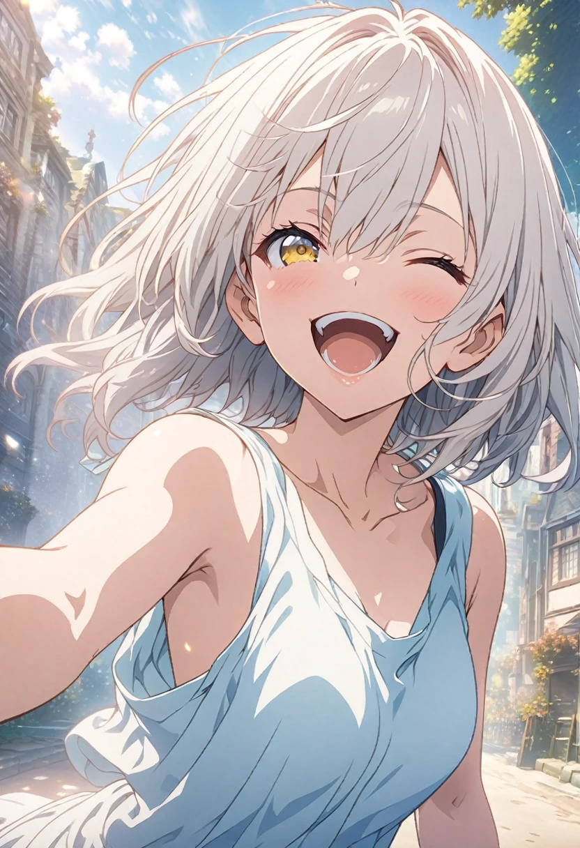 masterpiece, Highest quality, Highly detailed CG Unity 8k wallpaper, High School Girl Anime Illustration. Wear an oversized tank top、dynamic poseのポーズをしている、she has her eyes closed and mouth open, smile. The background is a light pastel colored landscape., White hair color, Yellow Eyes