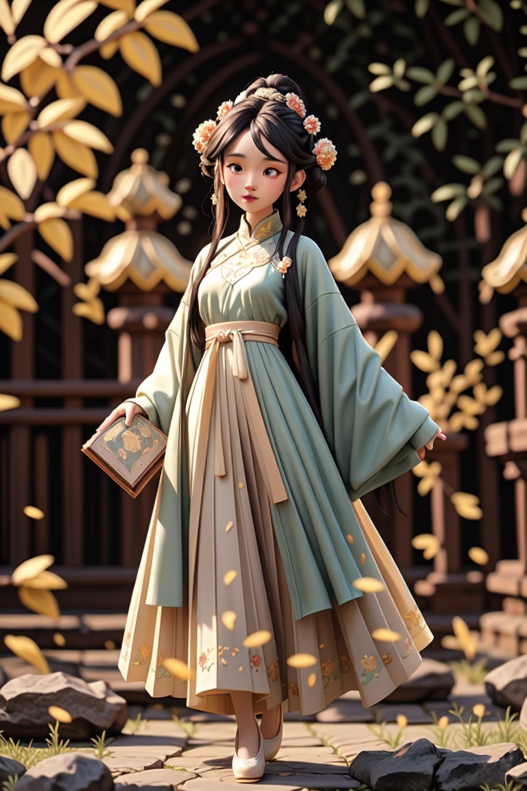 an epic colorful book cover of a 20th century young Blonde 20 year old Swedish witch, green eyes, and a black haired man, transported in Tang Dynasty times in ancient China, European face, Tang dynasty clothes, wearing colorful red hanfu, neutral expression, holding a shining magic book, in a palace room, masterpiece, best quality, trending on artstation, intricate details, eerie magical atmosphere, sparkles, epic background, Chinese palace in the background, magic sparkles, magical atmosphere