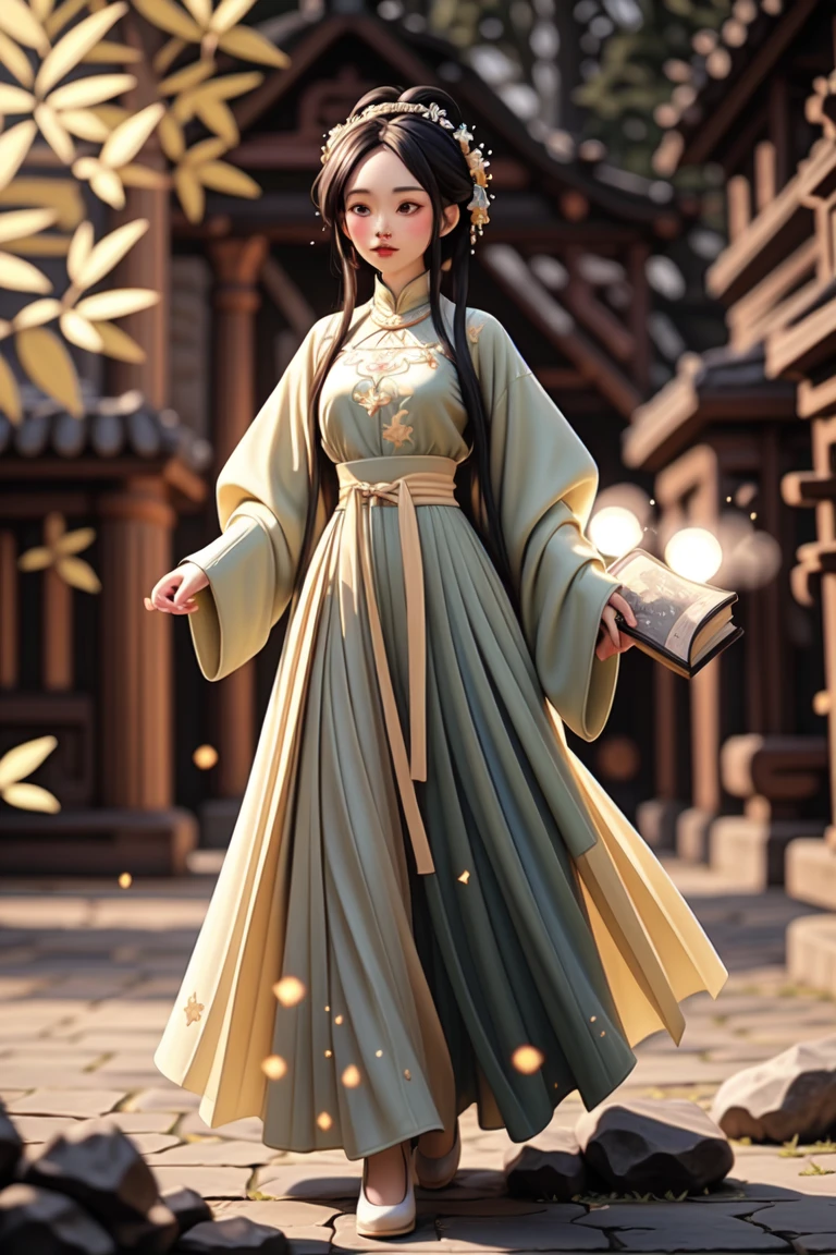 an epic colorful book cover of a 20th century young Blonde 20 year old Swedish witch, green eyes, and a black haired man, transported in Tang Dynasty times in ancient China, European face, Tang dynasty clothes, wearing colorful red hanfu, neutral expression, holding a shining magic book, in a palace room, masterpiece, best quality, trending on artstation, intricate details, eerie magical atmosphere, sparkles, epic background, Chinese palace in the background, magic sparkles, magical atmosphere