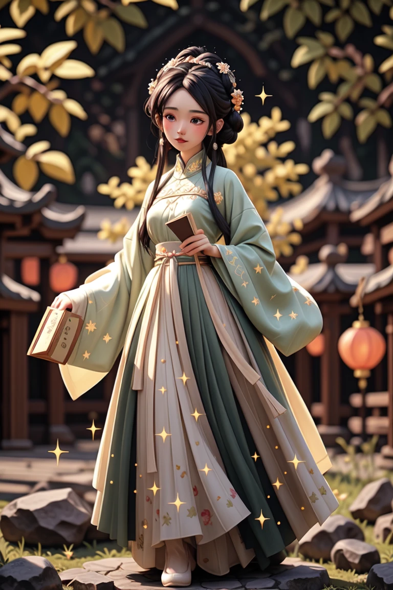 an epic colorful book cover of a 20th century young Blonde 20 year old Swedish witch, green eyes, and a black haired man, transported in Tang Dynasty times in ancient China, European face, Tang dynasty clothes, wearing colorful red hanfu, neutral expression, holding a shining magic book, in a palace room, masterpiece, best quality, trending on artstation, intricate details, eerie magical atmosphere, sparkles, epic background, Chinese palace in the background, magic sparkles, magical atmosphere