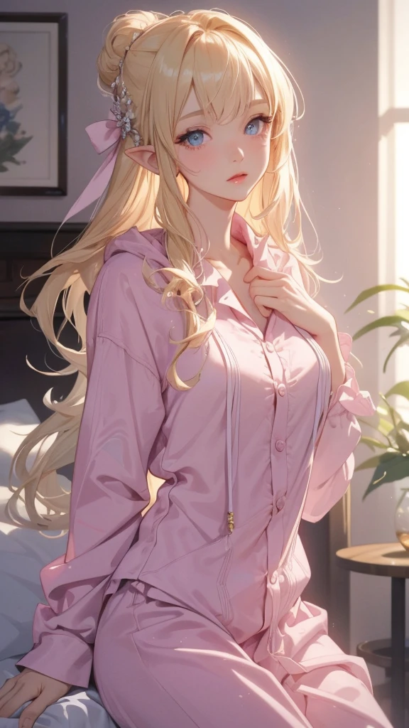 work of art, epic details, ultra detaild, high resolution, blonder woman, beautiful elf, hair tied into an elegant bun, angelic face with soft features, wearing cute and loose pink kigurime pajamas with hoods, delicate and well-defined hands, sleep expression, Scenario: a cozy room, supper: stretching ready to sleep, epic details no rosto, eyes locked, modest and elegant behavior