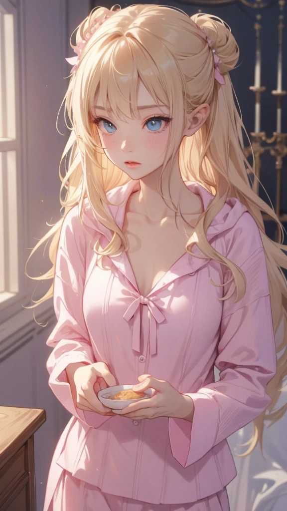 work of art, epic details, ultra detaild, high resolution, blonder woman, beautiful elf, hair tied into an elegant bun, angelic face with soft features, wearing cute and loose pink kigurime pajamas with hoods, delicate and well-defined hands, sleep expression, Scenario: a cozy room, supper: stretching ready to sleep, epic details no rosto, eyes locked, modest and elegant behavior