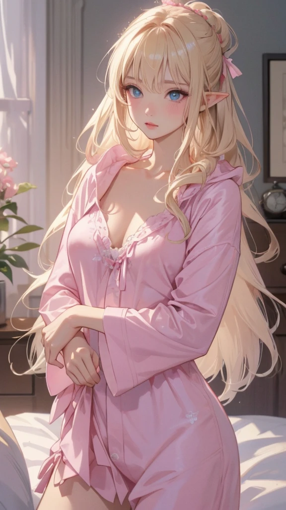 work of art, epic details, ultra detaild, high resolution, blonder woman, beautiful elf, hair tied into an elegant bun, angelic face with soft features, wearing cute and loose pink kigurime pajamas with hoods, delicate and well-defined hands, sleep expression, Scenario: a cozy room, supper: stretching ready to sleep, epic details no rosto, eyes locked, modest and elegant behavior