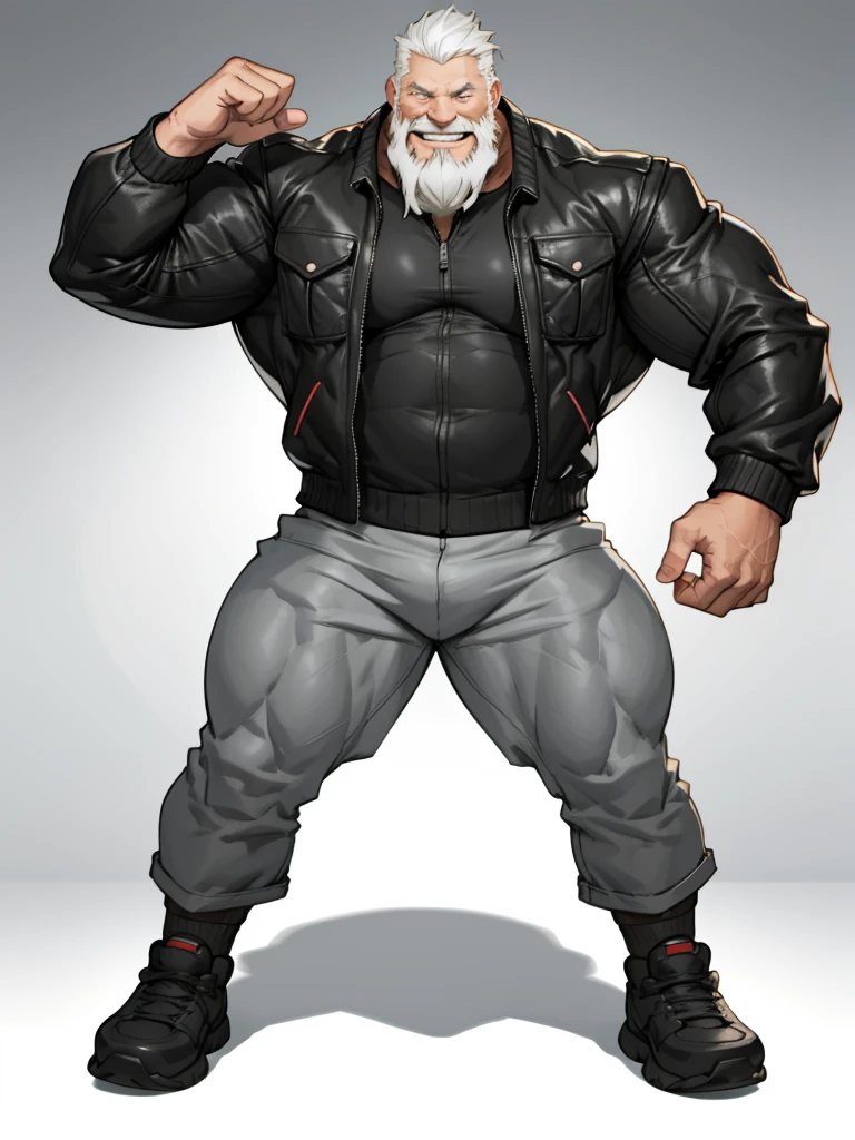 huge muscular old man, standing, smile, happy, wearing leather jacket, open jacket, sleeved, white tshirt, thick arms, wide pectoral, full body, front view, masterpiece, proportional, white hair, bearded, huge and giant, an14