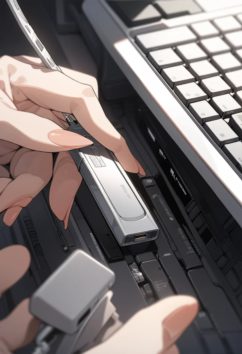 ((background only)),masterpiece, best quality, extremely detailed, ultra detailed, flat anime, 2D, close-up of a female hand, inserting a USB flash memory into a sliver laptop's USB port, laptop keyboard is visible, the USB flash memory has a black casing,