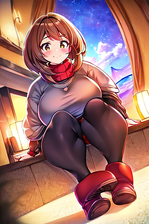 (extremely detailed CG unity 4k wallpaper),(masterpiece),(best quality),(ultra-detailed),(best illustration),(best shadow),(absurdres),(detailed background), 1girl, solo, Imagine Ochaco Uraraka being a 45 year old mother, MILF, brown hair, brown eyes, blush stickers, short hair, Mature Face, brown hair, brown eyes, blush stickers, short hair, curvy female, thick thighs, voluptuous female,((Wearing: red turtle-neck sweater, black leggings and ugg boots)), indoors, detailed background, living room, wide shot,
