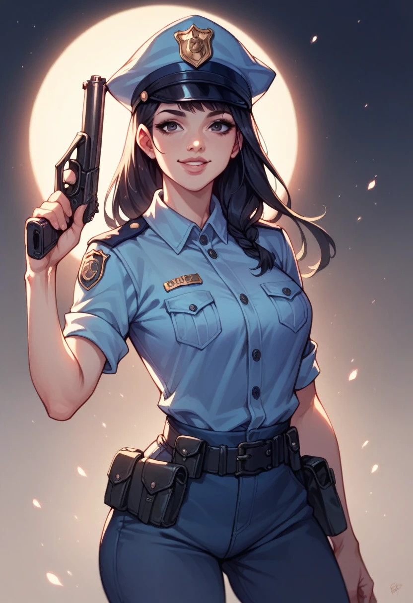 Woman, beautiful, black hair, sexy police officer in uniform, black color, night, soft light, facial details, from front, with gun, smiling, light pink lips, --Realistic Style-Imagination-
