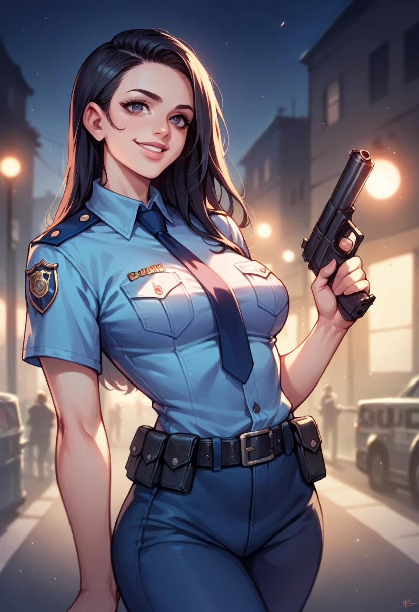 Woman, beautiful, black hair, sexy police officer in uniform, black color, night, soft light, facial details, from front, with gun, smiling, light pink lips, --Realistic Style-Imagination-
