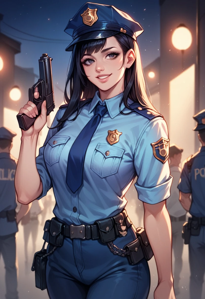 Woman, beautiful, black hair, sexy police officer in uniform, black color, night, soft light, facial details, from front, with gun, smiling, light pink lips, --Realistic Style-Imagination-