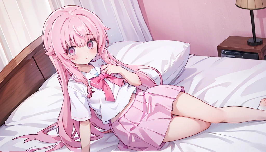 1girl,pink hair, pink eyes with love, detailed eyes, straight hair, straight bangs, shiny hair,
,red bowtie,lavender violet skirt, lavender purple violet shirt,pleated skirt,short sleeves,looking at viewer, high-definition,masterpiece,best quality, masterpiece, best quality, high resolution, aabeta, double, white bedroom background, sitting on a pink bed, slim waist, cute, sailor uniform (PastelColors: 1.3) 