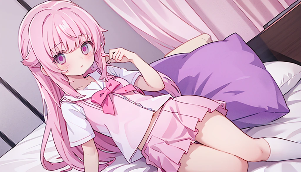 1girl,pink hair, pink eyes with love, detailed eyes, straight hair, straight bangs, shiny hair,
,red bowtie,lavender violet skirt, lavender purple violet shirt,pleated skirt,short sleeves,looking at viewer, high-definition,masterpiece,best quality, masterpiece, best quality, high resolution, aabeta, double, white bedroom background, sitting on a pink bed, slim waist, cute, sailor uniform (PastelColors: 1.3)