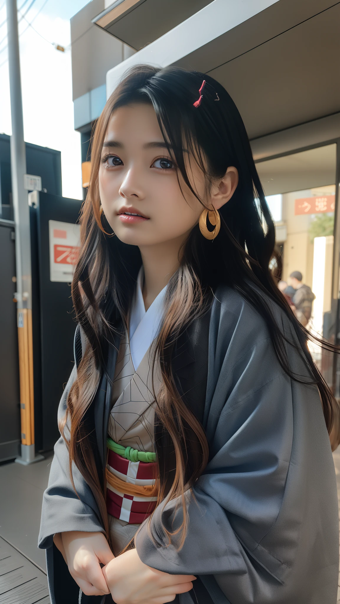Cute Japanese woman, (16 years old), (Very cute face: 1.3), White and moisturized skin,
BREAK,
Fighter, Kung Fu fighter, Idol,
BREAK,
(Wearing cute kimono: 1.3), (Very revealing kimono), Very large earrings, Short length,
BREAK,
(Long hair), (Gray hair), (Wavy hair), (Gradient hair: 1.3), (Red hair at the ends),
BREAK,
(Realistic: 1.3), Masterpiece, Perfect lighting, (Ultra high resolution), (8K), (Very detailed: 1.4), (From the front), Looking at the camera, Melancholic expression, (Full body: 1.3),
BREAK,
(Japanese city streets: 1.2), 
BREAK,
(Demon Slayer: 1.4),
BREAK,
(Hellfire: 1.2), Demon,