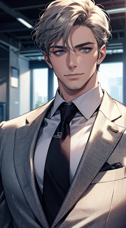 (best quality,4k,8k,highres,masterpiece:1.2),ultra-detailed,(realistic,photorealistic,photo-realistic:1.37),1 man,31 years old,mature man,very handsome,without expression,smile,short grey hair,blue eyes,penetrating gaze,perfect face without errors,imposing posture,businessman,office background,cinematic lighting,hdr image