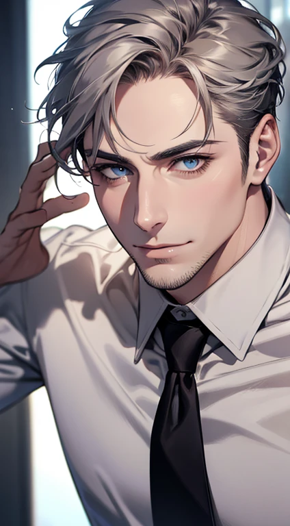 (best quality,4k,8k,highres,masterpiece:1.2),ultra-detailed,(realistic,photorealistic,photo-realistic:1.37),1 man,31 years old,mature man,very handsome,without expression,smile,short grey hair,blue eyes,penetrating gaze,perfect face without errors,imposing posture,businessman,office background,cinematic lighting,hdr image
