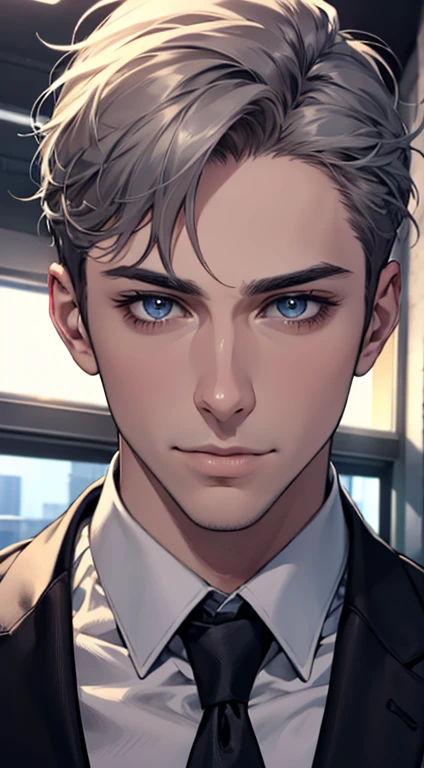 (best quality,4k,8k,highres,masterpiece:1.2),ultra-detailed,(realistic,photorealistic,photo-realistic:1.37),1 man,31 years old,mature man,very handsome,without expression,smile,short grey hair,blue eyes,penetrating gaze,perfect face without errors,imposing posture,businessman,office background,cinematic lighting,hdr image