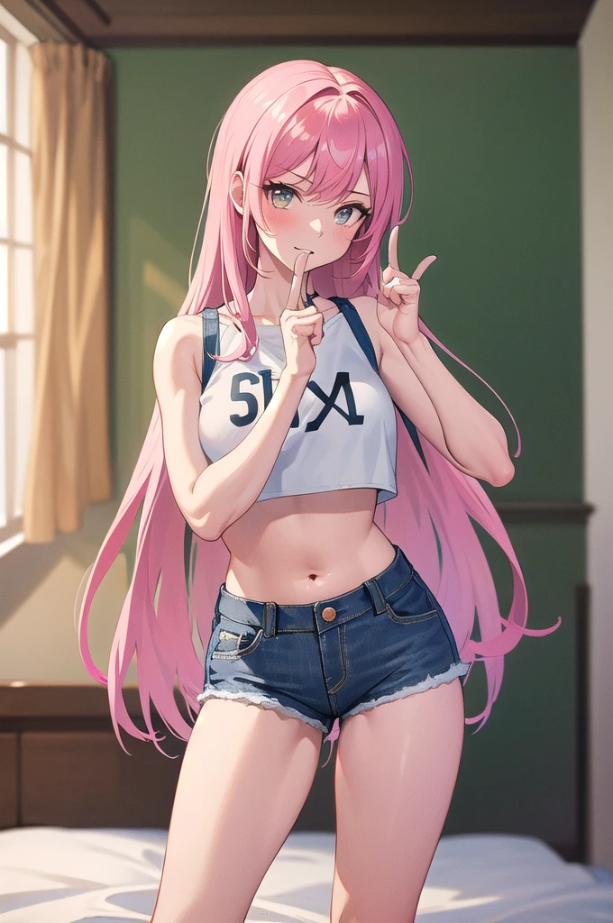 A beautiful man, pink hair, long hair, tall, Face in love, beautiful anime face, super high quality, masterpiece, 20 year old man, black police hat, white tank top, navel visible, sexy pose, nice body, ripped denim shorts, crotch emphasis, crotch touching, only one person in the room,  hentai anime,  see-through clothes,  tempting gestures, femboy