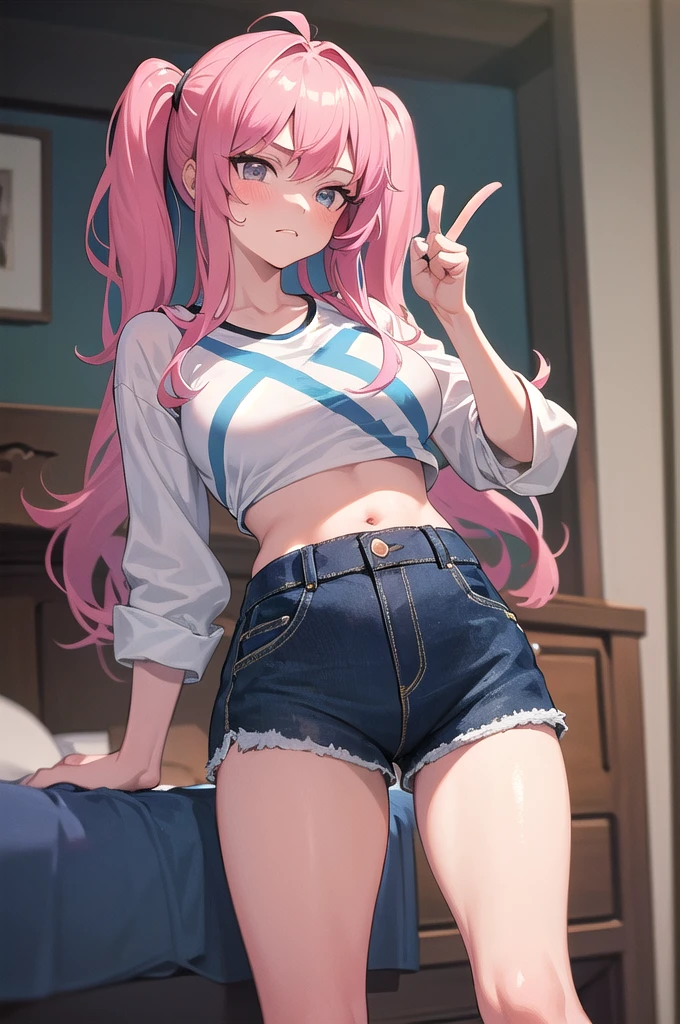 (masterpiece, Best Quality), 1 girl, pink hair, crop top, denim shorts, bedroom, striped thighs. A person is standing with a mocking facial expression. His right hand is raised and his index finger and thumb form an &#39;L&#39; which is placed on his forehead.. The rest of the fingers are bent towards the palm. big tits, loose, stretched top that does not cover the bottom of the .