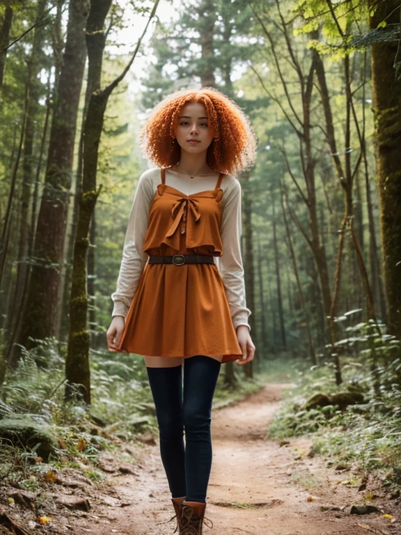 17 year old girl, Lovely, orange hair, Very short, Very curly, slim, flat bust, with freckles on the face, with slavic features, , Whole body, two hands, shows her legs, In the woods.