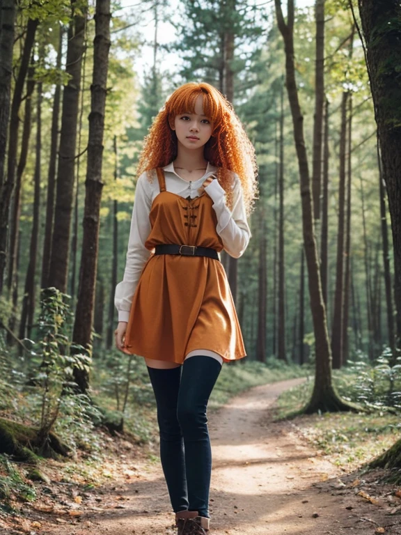 17 year old girl, Lovely, orange hair, very short, Very curly, slim, flat bust, with freckles on the face, with slavic features, with long sleeve black dress, whole body, shows her legs, In the woods.