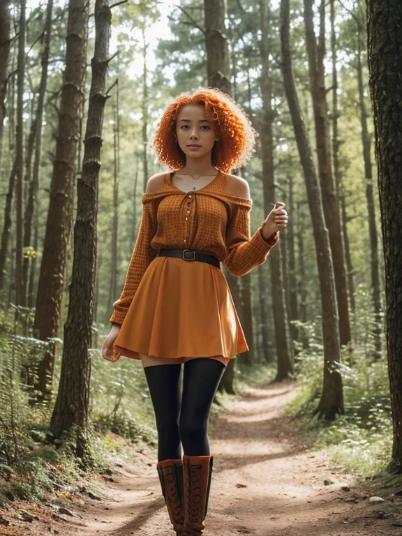 17 year old girl, Lovely, orange hair, Very short, Very curly, slim, flat bust, with freckles on the face, with slavic features, , Whole body, two hands, shows her legs, In the woods.