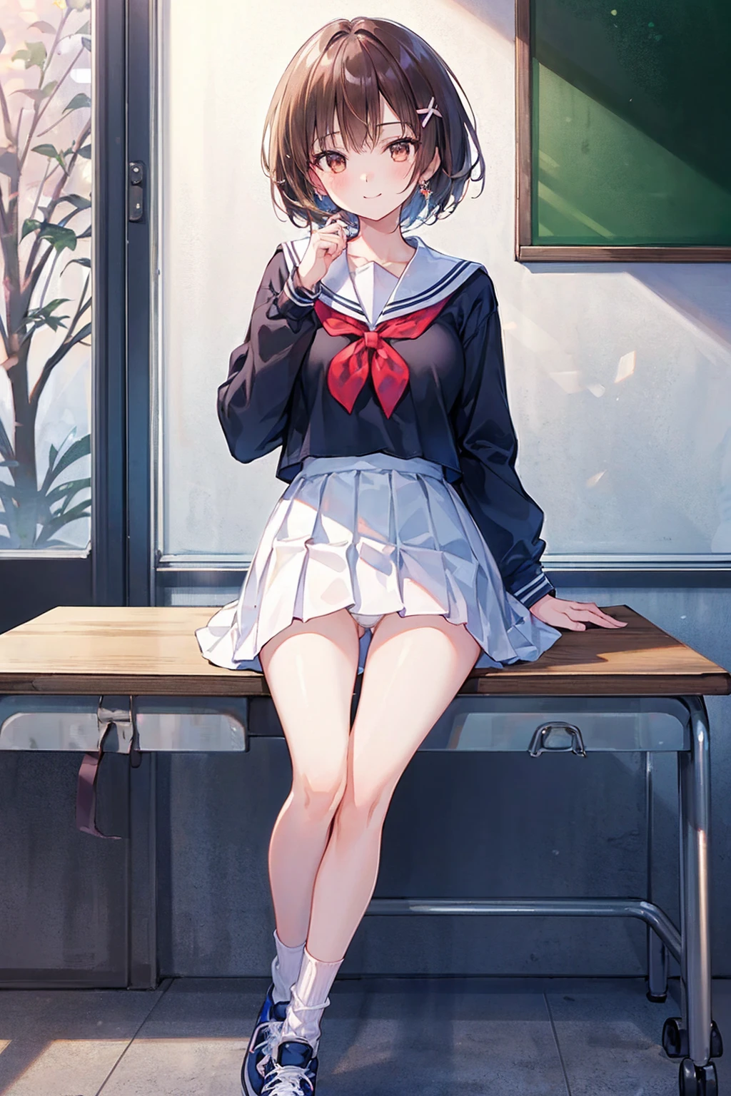 (masterpiece: 1.3),(Highest quality:1.4),超High resolution,(Detailed eyes),(Detailed facial features),(Detailed clothing features),High resolution,8k resolution, Ground Focus, bangs, Firm Skin, (Glowing Skin ),(Slender girl),dream-like, (Very detailedイラスト),scenery,No text, Virtual Girl Rin, Happy, smile, (Small breasts), bangs, Bob Hair, short hair, Brown Hair, Brown eyes, One Girl, student, high school, white , Sailor suit, Dark red pleated skirt, socks, sneakers,((Highest quality)), (Very detailed), (High-definition CG synthesis 8K wallpaper), 高いly detailed, 高い-definition raw color photos, Professional photography, (((Bokeh))), Written boundary depth,Underwear is visible,classroom