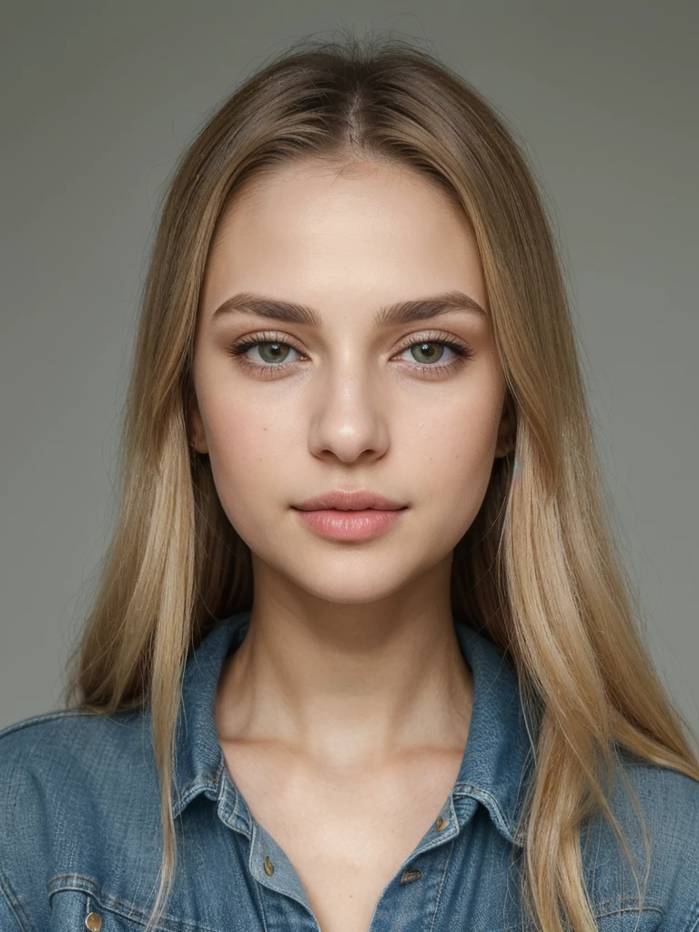 girl with waist-length blonde hair. Oval face. Small and proportional nose with a smooth straight profile with symmetry and naturalness. Large, expressive eyes with a vibrant green color with a penetrating look with long, defined eyelashes. Full and well-defined lips with marked cupid curves of moderate size and symmetrical. nose, eyes, lips and ears are balanced and complement the oval shape of the face, symmetrical with each other, healthy and well-groomed skin, as well as shiny and well-groomed hair. (Textured Skin), (((Life Real))). (((ite))), (((smal))). A panoramic photo wearing ripped blue jeans, red blouse and denim jacket