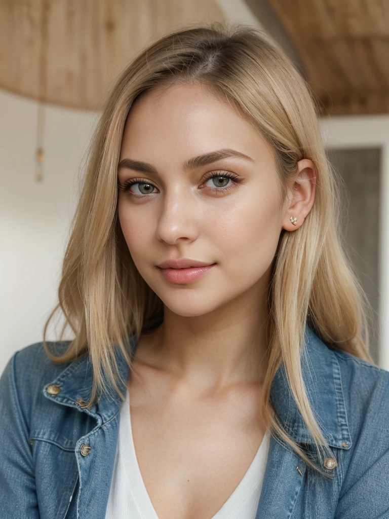 girl with waist-length blonde hair. Oval face. Small and proportional nose with a smooth straight profile with symmetry and naturalness. Large, expressive eyes with a vibrant green color with a penetrating look with long, defined eyelashes. Full and well-defined lips with marked cupid curves of moderate size and symmetrical. nose, eyes, lips and ears are balanced and complement the oval shape of the face, symmetrical with each other, healthy and well-groomed skin, as well as shiny and well-groomed hair. (Textured Skin), (((Life Real))). (((petite))), (((smal))). A panoramic photo wearing ripped blue jeans, red blouse and denim jacket